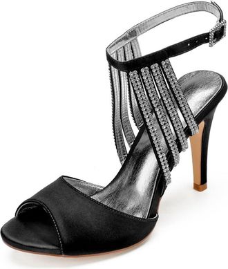 Generic Wedding Shoes Women Satin Sandal Ankle Strap Stiletto Heel Sandals Bridal Prom Evening Formal Party Shoes 10.5Cm,Black,5 UK