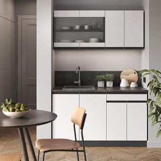 Vicco Cucina completa R-Line, Bianco/antracite, 140 cm Forma a J, Vicco