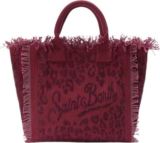 MC2 Saint Barth Cotton Canvas Tote Bag with Leopard Print and Fringed Edges