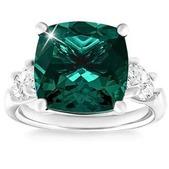 Pompeii3 7.55Ct Green Cushion Emerald & Marquise Three Stone Ring 14k Gold lab Grown