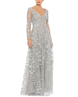 Mac Duggal Floral Applique Long Sleeve Illusion Gown