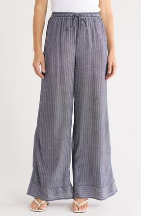 Max Studio Stripe Wide Leg Pull-On Pants in Navy/White Pinstripe at Nordstrom Rack, Size X-Large
