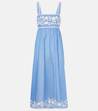 Juliet Dunn Embroidered cotton chambray midi dress