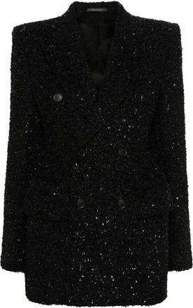 Balenciaga Zwarte Tweed Boucl&eacute; Double-Breasted Jas - Dames - Blazers - Zwart - XS - Tweed - Jassen
