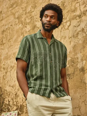 Fat Face FatFace Dark Green Short Sleeve Relaxed Fit Stripe Shirt With Palm Embroidery
