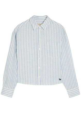 Max Mara Logo Striped Cropped Linen Shirt - Light Blue - 16 (UK16 / XL)