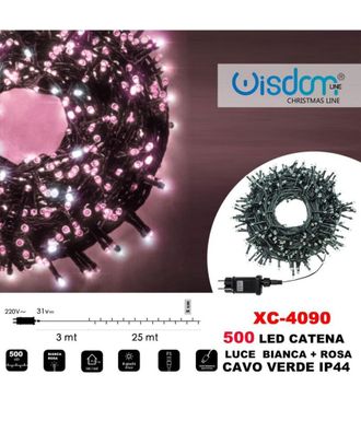 Trade Shop Trade Shop - Cadena De Luces 500 Luces Luci&eacute;rnaga Led Blanco + Cable Rosa Verde Ip44 Xc-4090