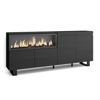 Skraut Home Aparador efecto madera negro 208x35x87cm chimenea efecto fuego