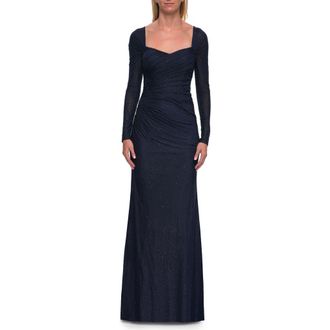 La Femme Long Sleeve Rhinestone Jersey Gown with Sweetheart in Navy at Nordstrom, Size 20