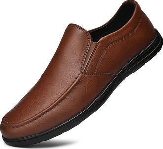 Generic for Men Mens Loafers Genuine Leather Round Toe Stitching Details Flat Heel Slip Resistant Anti-Slip Walking Fashion Slip-on(Brown,5.5 UK)