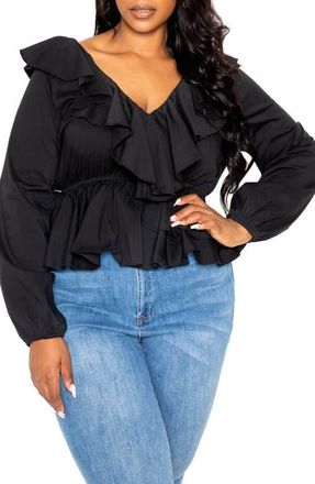 Buxom Couture Ruffle Long Sleeve Peplum Blouse in Black at Nordstrom, Size 1 X