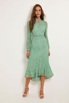 Wallis Womens Lace High Neck Ruffle Midi Dress - Green Cotton - Size 18 UK