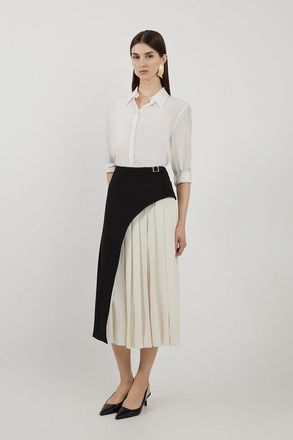 Karen Millen Womens Tailored Buckle Detail Pleated Midi Skirt - Monochrome Multi - Size 12 UK