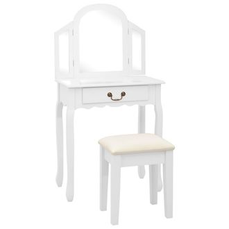vidaXL Tocador Y Taburete Madera Paulownia Y Mdf Blanco 65x36x128 Cm Vidaxl