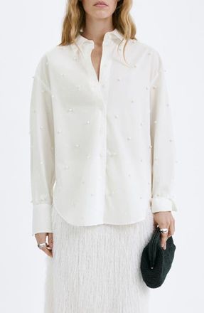Mango Faux Pearl Trim Button-Up Shirt in Off White at Nordstrom, Size 4