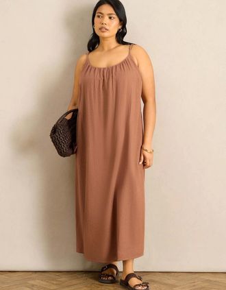 Live Unlimited London Womens Tan Linen Blend Bobble Trim Maxi Dress - Brown - Size: 28
