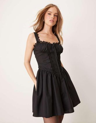 Miss Selfridge Vestito corto stile western in popeline nero con corsetto e inserti in pizzo