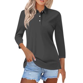 Generic Polo Shirts for Women UK 3/4 Sleeve Ladies Golf Tops Lightweight Cotton V Neck Collared Business Casual Blouse Pockets Tennis Gym Workout T Shirt Athl