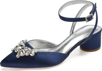 Generic Heels Wedding Shoes Pointed Toe Slingback Bridal Low Block Heels Comfortable Prom Evening Formal Party Shoes 4.5Cm,Dark Blue,8 UK