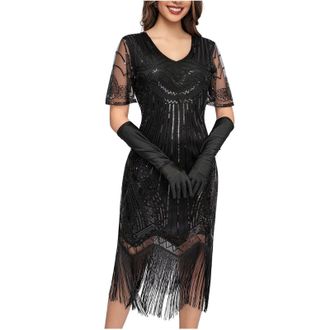 Generic Womens Flapper Dresses 1920s Vintage Sequin Fringe Dress Ladies Elegant Tassels Hem Flapper Cocktail Dress Womens Formal Round Neck Short Sleeve Eveni