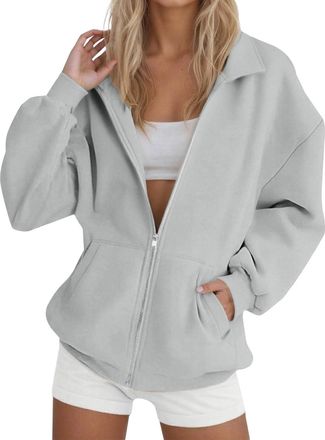 Generic Keepink Fleece Jacket Women Zip Front Sweatshirt Without Hood Plain Collared Tops Autumn Winter Coat Light Weight Outwear Casual Modern Cover Up for G