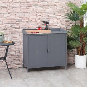 OUTSUNNY Garden Storage Cabinet Potting Bench Table with Galvanized Top in Grey