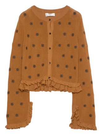Muller Of Yoshiokubo floral-embroidered ruffled cardigan - Brown