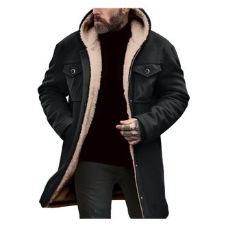 Generic Hooded Long Jacket Mens Loose Fit Solid Color Winter Sherpa Warm Jackets Fleece Lined Insulated Coat Long Sleeved Chunky Padded Coats with Cargo Pocke