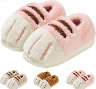 Generic Cute Kitten Pattern Plush Slippers, Soft & Cushioned Cat Paw Slippers for Women, Kids (Pink, UK, Adult, Women, 5.5, Numeric Range, UK Footwear Size Sy