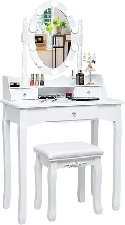 Costway Costway Tocador De Maquillaje Con Led,espejo Giratorio Y Taburete Mesa De Cosm&eacute;tico Con 3 Cajones (blanco)