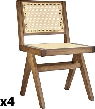 TecTake 4 Sillas comedor, ratán vienés, estilo Boho, carga 120kg, roble claro