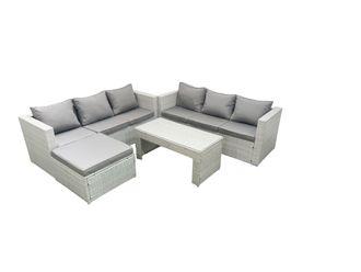 Fimous 7 Seater Garden Outdoor Rattan Furniture Set Rattan Garden Sofa Oblong Coffee Table with Big Footstool Light Grey Mixed