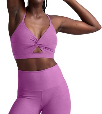Beyond Yoga Twist Front Strappy Bra In Fun Fuschia Heather