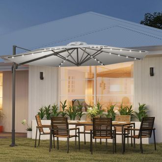 OUTSUNNY 3(m) Cantilever Parasol Patio Sun Umbrella w/ Base Solar Lights in Grey