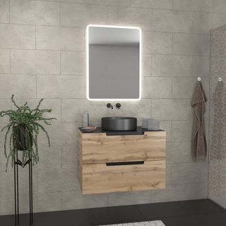 Aurlane Mueble De Ba&ntilde;o 80 Cm 2 Cajones - Roble Y Negro - Lavabo Redondo - Espejo Led - Omega