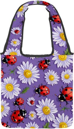 Generic Ladybugs Daisies Reversible Canvas Shoulder Tote - Double-Sided Print, 12oz Cotton, 27cm Drop, Fold-Flat Bag for Travel, Shopping, Street Outings