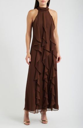 Eliza J Cascade Ruffle Halter Gown in Chocolate at Nordstrom, Size 14