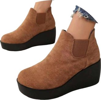 Generic Woman 2026 Ankle Boots Retro Slip On Round Toe Chunky Low Heel Platform Booties Comfort Casual Footwear for Daily Wear (Brown, 4.5)