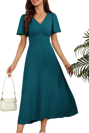 Grace Karin Ladies Party Wedding Dress A Line Chiffon Graduation Cape Sleeve A-Line Cocktail Dress for Christmas Dark Teal M
