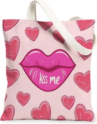 Generic Valentines Heart Canvas Tote Bags, Romantic Kiss Design Reusable Grocery Bags, Cute Playful Lightweight Washable Shoulder Strap Canvas for Shopping Ou