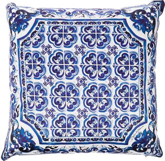 Dolce & Gabbana Blue And White Small Cushion With Blue Mediterranean Print In Duchesse Cotton Dolce & Gabbana