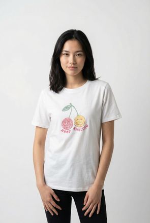 Only Kurzarmshirt ONLY ONLKITA S/S TEE JRS NOOS, Damen, Gr. XL, cloud dancer print:smiley smiling, Jersey, Obermaterial: 100% Baumwolle, bedruckt, regular 