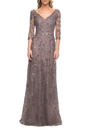 La Femme Beaded Lace Gown with V Neckline and Sheer Sleeves in Gunmetal at Nordstrom, Size 12