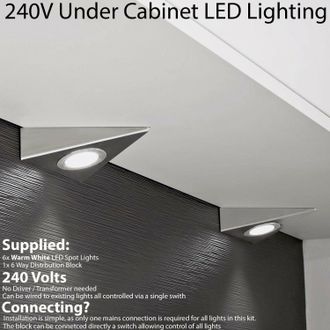 Loops 6x BRUSHED NICKEL Triangle Surface Under Cabinet Kitchen Light Kit - 240V Mains Powered - Warm White LED in Metallics