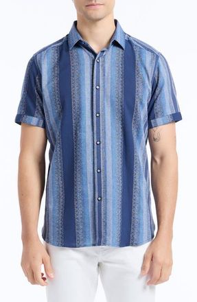Robert Graham Pembroke Stripe Cotton Short Sleeve Button-Up Shirt in Indigo at Nordstrom, Size Xxx-Large