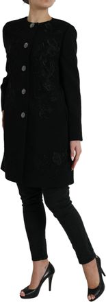 Dolce & Gabbana Womens Black Floral Wool Button Embellished Jacket Virgin Elastane Clothing