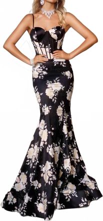 Portia & Scarlett Satin Evening Gown In Black/multi