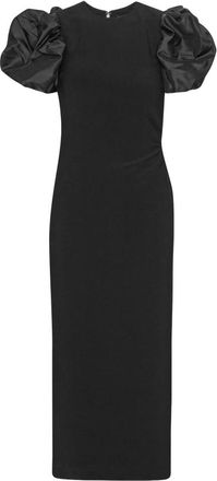 Rotate Gekreukte Midi Pofmouwe Jurk - Dames - Avondkleed - Zwart - S - Polyester - Kleedjes