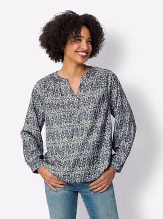 Heine Druckbluse HEINE, Damen, Gr. 34, blau (sand, rauchblau, bedruckt), 100% Polyester, bedruckt, gemustert, mehrfarbig, Rundhals, Blusen Druckbluse