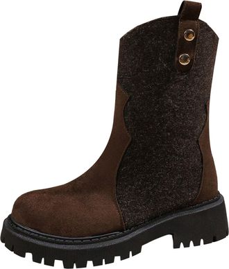 Generic Boots For Women Chunky Platform Low Heel Round Toe Non-Slip Mid Calf Boots Ladies Ankle Booties Fashion Comfortable Casual Shoes Autumn Winter Size 6.